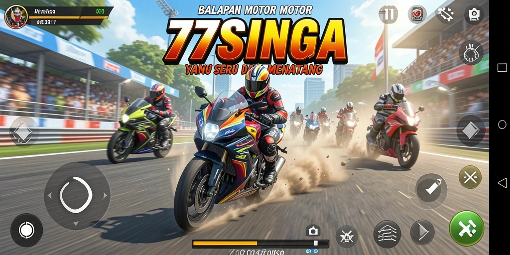 Screenshot gameplay <strong>77SINGA</strong> menampilkan aksi balapan motor yang intens.