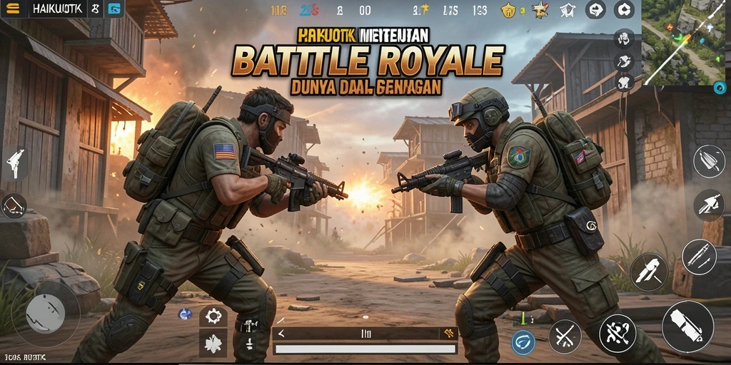 Screenshot utama HAIKUOTK menampilkan aksi pertempuran Battle Royale yang intens.