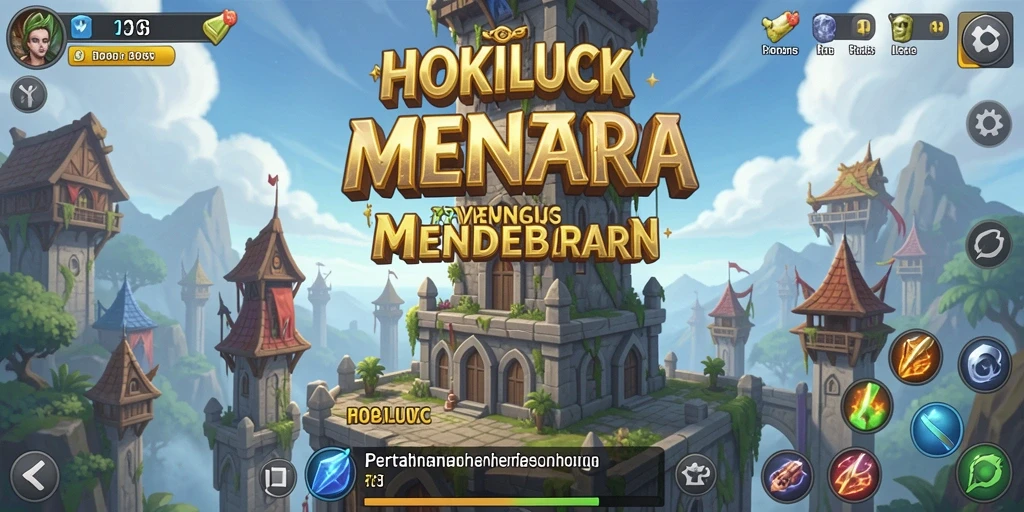 Screenshot gameplay HOKILUCK menampilkan menara strategis dalam pertahanan.