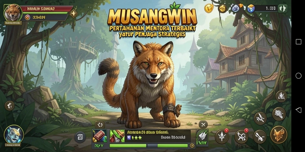 Tampilan gameplay seru dalam MUSANGWIN menunjukkan strategi pertahanan menara.