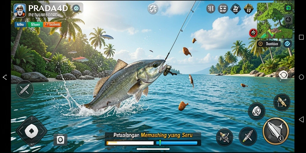 Screenshot gameplay PRADA4D menampilkan pengalaman memancing yang memukau.