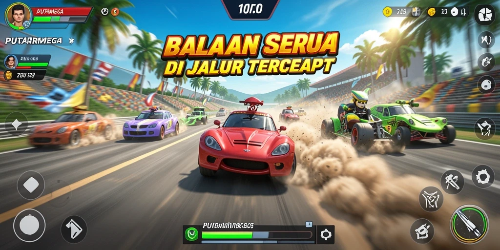 Gameplay PUTARMEGA dengan aksi balapan seru dan grafik menarik.